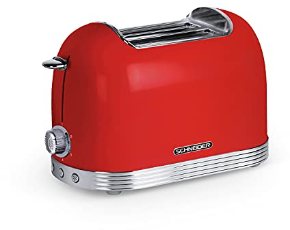 SCHNEIDER SCTO2R, Grille pain Vintage, 2 Fentes, Fonction décongélation, Arrêt automatique, Puissance (815W), Tiroir ramasse miettes, Rouge