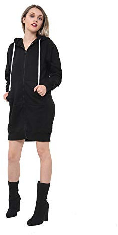 GW CLASSY OUTFIT Women Ladies Long Hoodies Plain Zip Up Ladies Long Sleeves Fleece Longline Hoodie Casual Jacket Hooded Coat with Pockets (L-XL 16-18, Black Long)