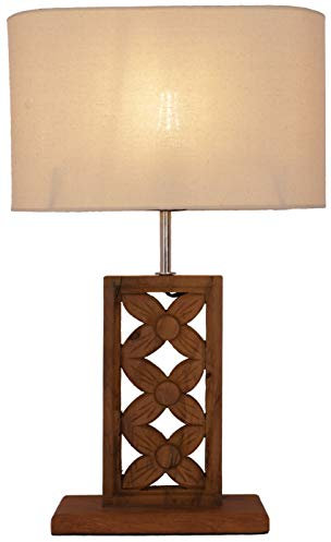 GURU SHOP Tischlampe/Tischleuchte mit Balinesischemn Blumenmotiv Beschnitzt, Teakholz - Modell Mayana, 53x34x12 cm