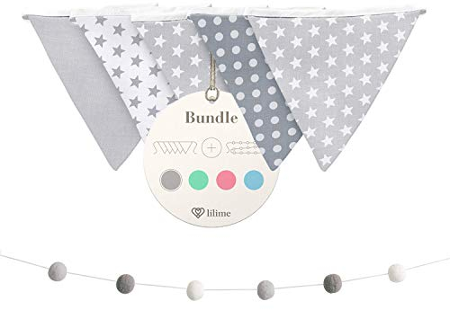 lilime® Wimpelkette Inkl. GRATIS Girlande ideal für Dekoration im Kinderzimmer - Unsere Wanddeko für Dein Kind - Super süße Deko für jedes Babyzimmer (1.9M/Grau)