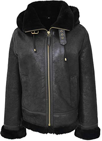 A1 FASHION GOODS Damen Echt Schwarz Schaffell Fliegende Jacke Mit Kapuze Shearling B3 Pilot Fliegermantel Maria (XXL - EU 44)