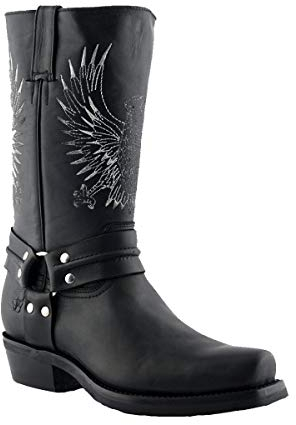 Grinders Bald Eagle Stivali da Uomo di Pelle Nera con Punta Quadrata Stile Cowboy 10