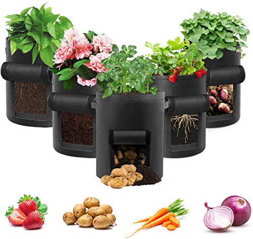 Potato Grow Bag, 5 Pack 15 Gallon Vegetable Grow Plant Bags Breathable Garden Growing Bag Planting Tomato Fabric Pots with Strap Handles and Access Flap for Vegetables, Fruits,Flowers (Black)