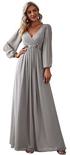 Ever-Pretty Women's Elegant A-Line Deep V-Neck Appliques Pleated Long Sleeve Bridesmaid Dress Grey 26UK