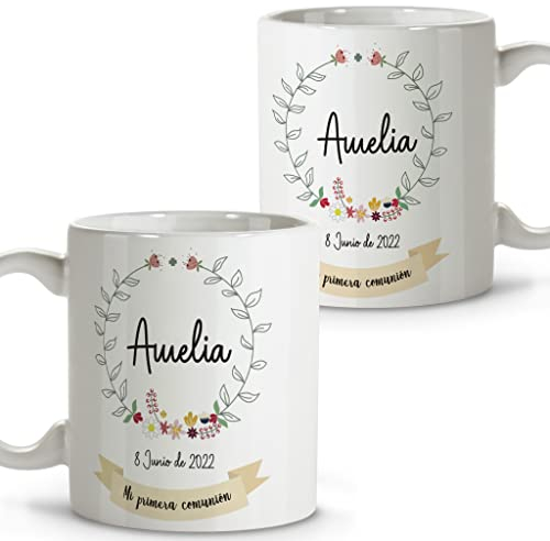 LolaPix Taza niña. Regalos comunión personalizados con nombre y texto. Taza personalizada. COMUNIÃ“N FLORES