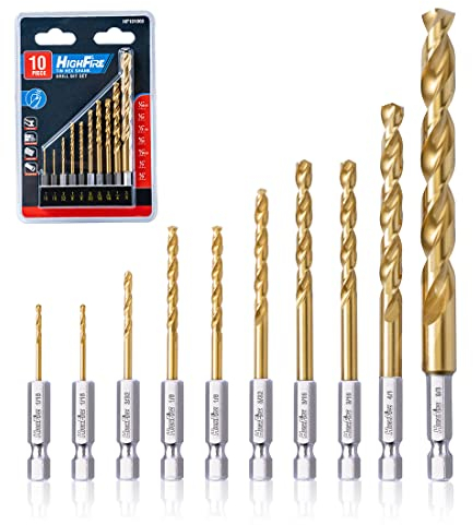 HIGHFIRE 10 Pieces Hex Shank Drill Bit Set for Impact Driver, HSS Twist Titanium Drill Bits for Metal, Hex Drive Quick Change Drill Bits Set Ideal for Steel, Copper, Zinc Alloy, Wood and Plastics