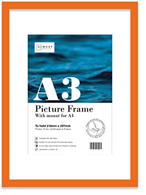 Almost Frameless A3 Orange Picture Frame With Mount for A4 (21 x 29.7cm -8.3 x 11.7in) Poster, Photo, Artwork, or Print. Thin Edge Slim Frame Portrait and Landscape Display with Wall Hooks