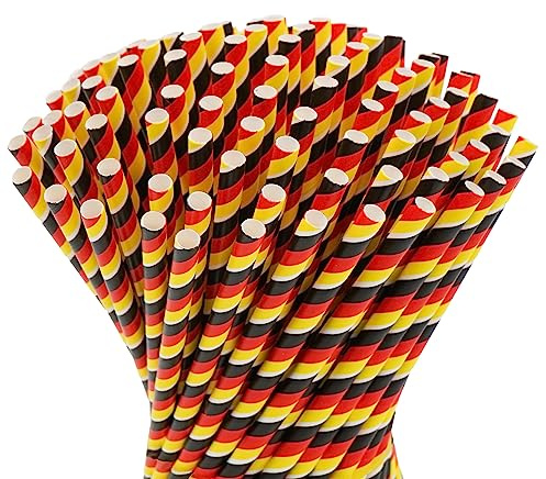 Papier Strohhalme Deutschland, 100 Stück, 23 cm lang, 7mm Ø. Strohhalm Deutschland Fahne Flagge Germany Fußball, biologisch abbaubar, Umweltfreundlich Einweg Trinkhalm (Lang)