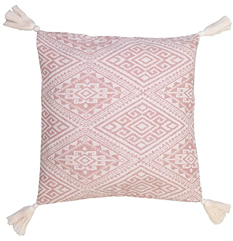 Jean & Len Kissenhülle mit Quasten aus 100% Bio-Baumwolle, mit Knöpfen aus Kokosnuss, Oeko-TEX & GOTS Zertifiziert, Jacquard Muster Ecru/rosa, produziert in der Türkei, Kissenbezug 45x45 cm
