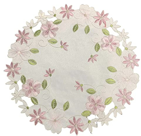Wambere 4 Stück Blumenstickerei Tisch Tischset,Durchbrochener Stoff Untersetzer Runden Blumen-Form Matte Tischset Platzsets Deckchen Cup Coasters für Esszimmer Küche Bankett Hochzeit Deko 30cm,Rosa A