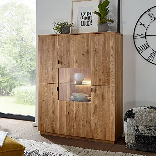 Lomadox Highboard 110 cm mit 3 Softclose-Türen und Beleuchtung (warmweiß mit Touchsensor) in Wildeiche massiv geölt WELLINGHAM-69, B/H/T ca. 110/140/40 cm
