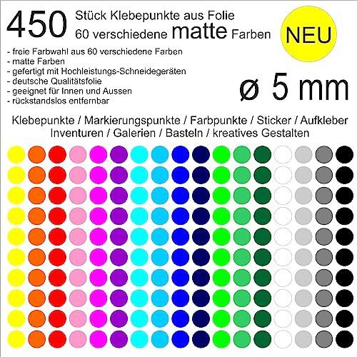 450 Stück Klebepunkte aus Folie matt rund 5mm wetterfest Aufkleber Sticker Decal Inventur Museen Galerien Markierungen Organisieren DIY basteln verzieren Scrapbook (041 Pink)