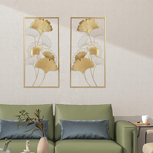 2 Stück Metall Wanddeko Wanddekoration Gold Ginkgo, Groß Home Wall Art Dekoration, Wandaufkleber 3D, Moderne Wanddekoration Wandskulptur für Wohnzimmer Schlafzimmer Esszimmer Büro Hotel (50 * 99cm)