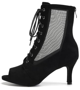 HIPPOSEUS Stivali da Ballo Latino Americano Donna con Punta Aperta Camoscio Nero Salsa Bachata Scarpe da Ballo da Sala Stivaletti da Ballo Tacco 7 cm per la Danza al Coperto, 36 EU