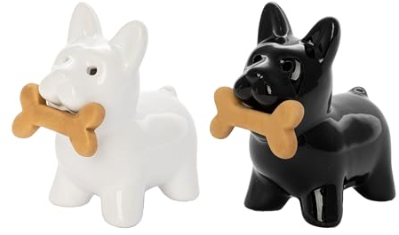 Fisura – Salero y pimentero original Set de sal y pimienta para la mesa con forma divertida Juego de salero y pimentero de cerámica. Salero de mesa (Perros, blanco y negro)
