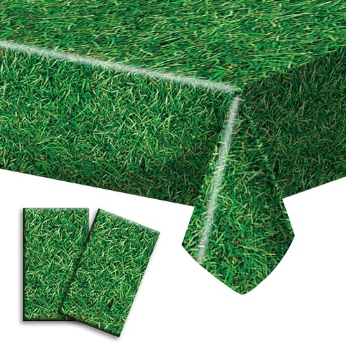 MEUTL Football Birthday Party Decoration Tablecloth, 2-Pack Green Soccer Field Tablecloth, PE Plastic 130x220cm Table Cover for World Cup, Birthday & Sports Events, Reusable Party Supplies