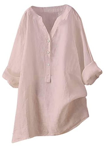 Blouse Femme Chic et Élégant Grande Taille Chemisier Lin Vêtements Été Long Tee Shirt Manche Longue Pull Rose 5XL