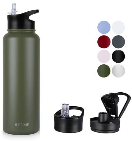 MURBONE Insulated Water Bottle, 1.2L Stainless Steel Drink Flask with Straw, BPA Free, Leakproof Double Walled Vacuum Water Bottle with 2 Lids (Straw and Spout), Army Green