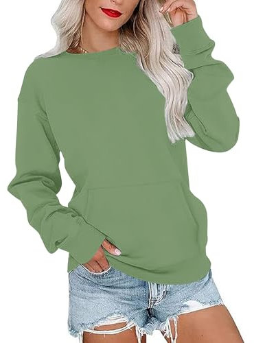 PLOKNRD Damen Sweatshirt Basic Langarmshirt Rundhals Vielseitige Pulli Herbst Winter mit Taschen(Grün,2XL)