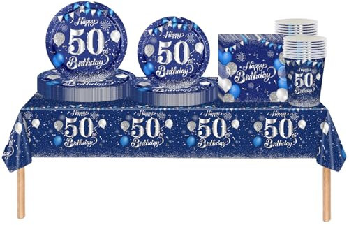 69pc Navy Silver 50th Decorations - Tableware, Tablecloth, Plates, Napkins, Cups for Him/Her Birthday Gift