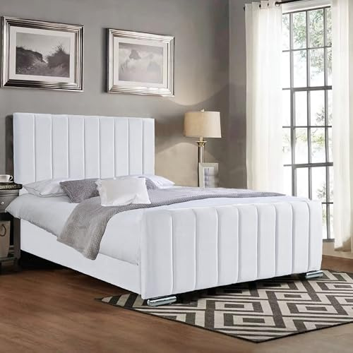 A. H Beds Panel Line Upholstered King Size Bed frame with Headboard and Foot board - Kingsize Bed frame 5FT - Wooden Bed Frame King Size - White Plush Velvet Bed Frames