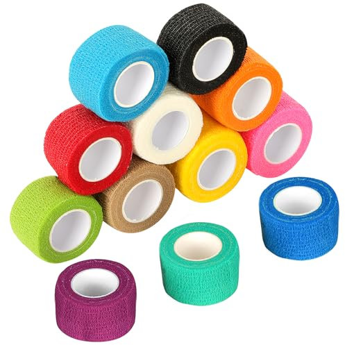 YSWOVUO 12 Rollen Selbstklebender Verband 2,5cm x 4,5m, Haftbandage Selbstklebend, Vliesstoff Selbsthaftende Bandage, Elastischer Binden Verband für Stretch Sportler, Handgelenk, Knöchel, Pet
