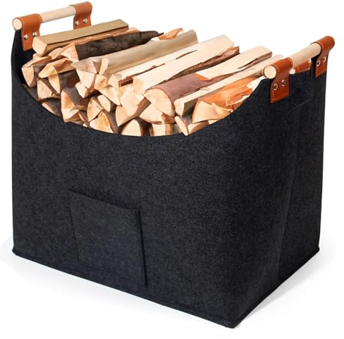 Theo&Cleo Holzkorb für Kaminholz, Kaminholzkorb Groß, Filztasche Shopper, Aufbewahrungskorb für Kaminholz, Einkaufstasche mit Extra dicker Filz