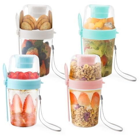 HENGBIRD 4 vasos de cereales para llevar con cuchara, 2 en 1, vasos de yogur para viajes (2 capas, 310 ml + 560 ml)