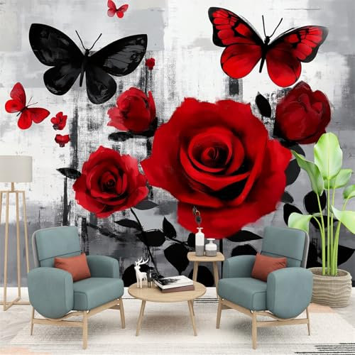 Vlies Fototapete 250 x 175 cm Fototapete Schlafzimmer Wohnzimmer Moderne Vliestapete Rot Grau Wandtapete Fototapeten 3d Effekt Dekoration Kunst Blumen Schmetterling