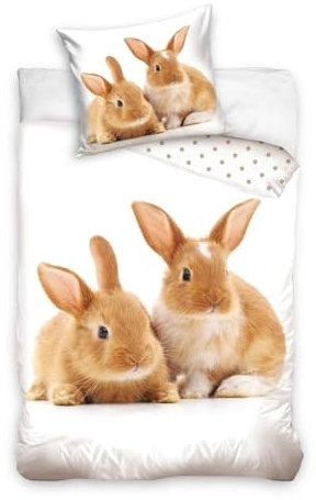 Carbotex Wende-Bettwäsche-Set mit Hase 135x200 80x80 Baumwolle Bettzeug Häschen Kaninchen