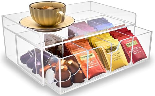 Meicloud Teebeutel Organizer - Acryl Teebox mit Schublade, Durchsichtiges Tee Aufbewahrung mit 8 Fächern, Modern Klar Teeboxen für Teebeutel, K-Cups und Kaffeepads