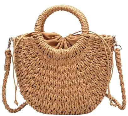 Henkelhandtasche für Den Sommer, Damen Crossbody-Tasche, Damen Strohstrandtasche Gewebte, Strohhandtasche, Sommer Strandtasche Strohtasche Umhängetasche Flechttasche, Brown