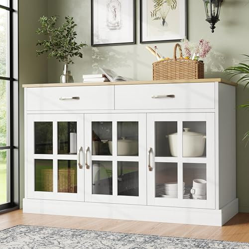 Merax Küchenschrank 120×40×84 cm, Sideboard mit Stauraum, Vorratsschrank für Esszimmer und Wohnzimmer, Beistellschrank im Vintage Glasschrank-Design, Kippschutz, Weiß