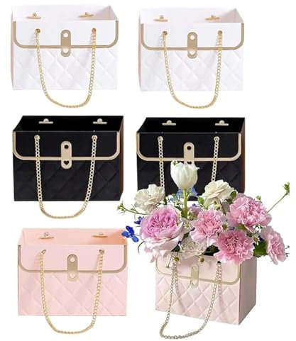 6 Pcs Flower Boxes for Bouquets, Elegant Flower Bags With Handles, Floral Bouquets Bag Florist Storage Bucket for Flowers Bouquet Plants Sweets, Party Gift Wrap Bag(COLOR:pink/white/black)