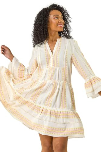 Roman Originals Smock Dress for Women UK Ladies Cotton Summer Embroidered Frilled Tiered Casual Beach Cruise Holiday Cocktail Party 3/4 Sleeve Pull On Gathered Skirt - Petite Coral - Size 10