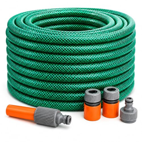Heavy-Duty PVC Garden Hose Pipe with Spray Nozzle & Universal Fittings – Available in 15m, 20m, 30m, and 50m Lengths – Durable, Weatherproof, Anti-Twist Watering Hose for All Seasons (10 Meters)