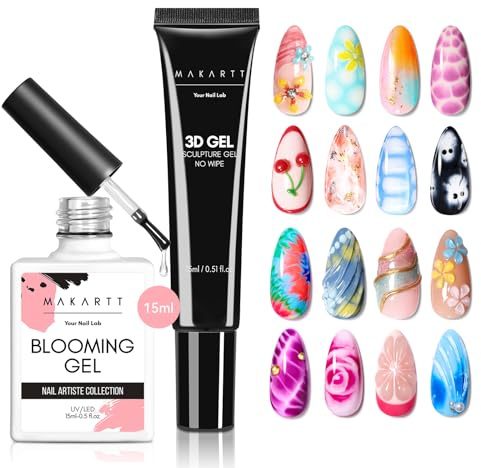 Makartt Blooming Gel UV & 3D Gel Nail Art Set - 30ml Blühendes und 3D Skulptur Schnitzmuster für langanhaltende, klares Soak Off Nagellack für Marmor, Aquarell und Blumendesigns zum Nail Charms