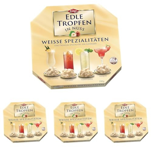 Edle Tropfen in Nuss Weiße Spezialitäten 250g, flüssig gefüllte Schokoladenpralinen mit Milchschokoladen-Überzug und knackigen Haselnuss-Splittern (Packung mit 4)