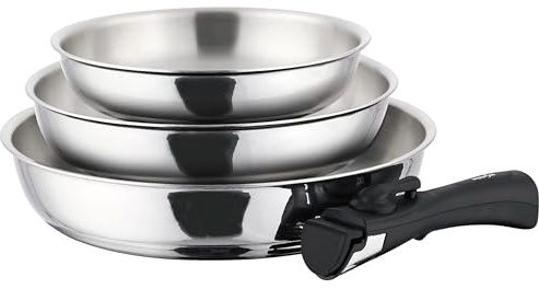 TeCuisine – Lot Coffret de 3 Poêles Inox 18/10 Triply – 20/24/28 cm – Avec Manche Amovible – Sans Revêtement – Sans PFAS, PFOA, PTFE – Compatible Tous Feux Dont Induction – Cuisson Saine et Durable