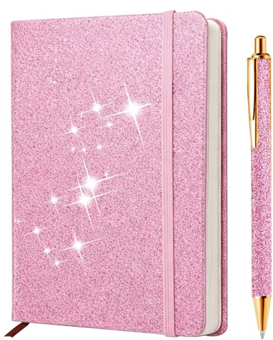 SIMDAO A5 Glitzer Notizbuch mit Stift, 100 Blatt/200 Seiten Liniertes Journal 80 g/m², Rosa Hardcover Tagebuch mit Glitzer Kugelschreiber, Geschenk für Mädchen Frauen, Schule Büro Journaling