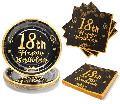 PARTY GO 50Pcs Happy 18th Birthday Black Gold Disposable Dinnerware Party Decorations, 9 23cm Paper Plates and Napkins, for Women Men 18th Birthday Party Supplies Serve 25 Guests