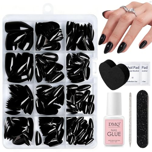 DMQ Black Press on Nails Short Set, 240Pcs Almond Black False Nails, Glossy Fake Nail, Full Cover Artificial Stick on Fingernails with Glue for Women Nail Art DIY