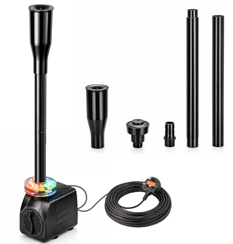 1000L/H Fountain Pump with 12 LED Lights, 10M Cable Submersible Water Pond Pump with Mushroom & Blossom Spray Head for Water Feature, Aquarium Fish Tank, Max Lift 1.6m (1000L/H with 2 Nozzle)