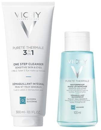 VICHY | Pureté Thermale Set | 3-in-1 Reinigung 300 ml + Waterproof Augen-Make-up-Entferner 100 ml | Reinigt, entfernt Make-up und stärkt die Wimpern | Für empfindliche Haut und Augen | Hypoallergen