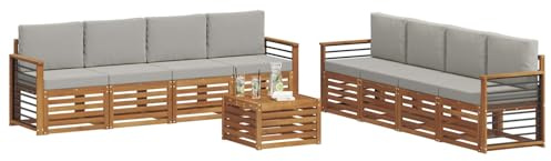 vidaXL Sofagarnituren 9 pcs Natürlich und Hellgrau Massivholz Akazie, Garten, modernes, langlebiges Outdoor-Sofa, Eckmöbel für Terrasse und Lounge, gemütliche Sitzgruppe
