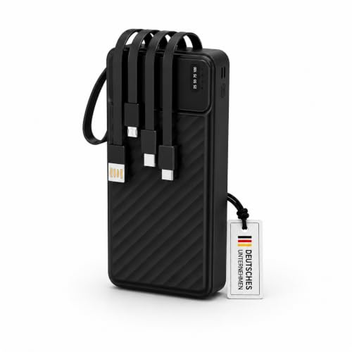 Powerbank 20000mAh mit integrierten Kabeln – USB C, USB A, iOS-Kabel & Micro USB – Externe Batterie für iPhone, Samsung – Mehrfachladung, Kompakt, Schwarz (Schwarz)