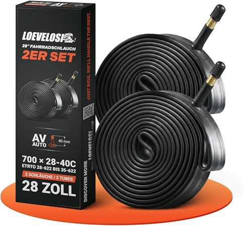 LOEVELOSI 2X Fahrradschlauch 28 Zoll mit schwarzem Autoventil 40mm - Fahrrad Schlauch AV Schrader Ventil - ETRTO 28/40-622 2er Set Schläuche 700×28-40C Trekking City Bike eBike MTB