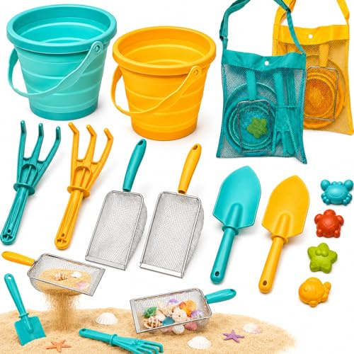 HONHHUO Sandspielzeug Kinder Strandspielzeug Set mit 2 faltbaren Eimern, Schaufel, Rechen, Sandsieb & Netzbeutel, 14-teiliges Sandkasten Spielzeug für Strand, Garten & Urlaub ab 3 Jahren