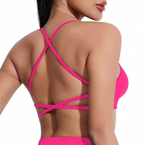GEEKPC Strappy Cross Back Sports Bra for Women, Removable Padded Halterneck Crop Top, Low Impact Yoga Pilates Gym Bra with Open Back, Soft Brushed Four Way Stretch Fabric