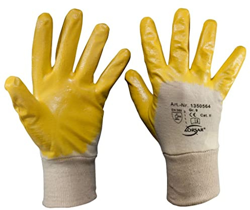 SW-Stahl Z630 Nitrilhandschuhe Gr. 9-10 Paar Arbeitshandschuhe Gelb | Baumwolle Montagehandschuhe mit Strickbund - EN 388 Schutz für KFZ Werkstatt & Handwerk - Mechaniker Handschuhe Gr. L